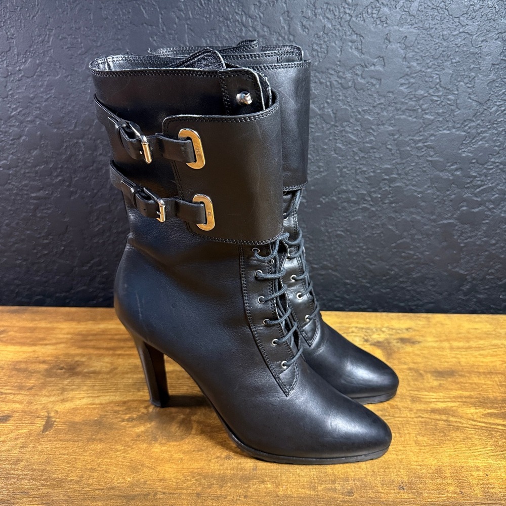 Ralph Lauren Black Leather Double Buckle Lace Up Mid Calf Heel Boots Womens 8.5B